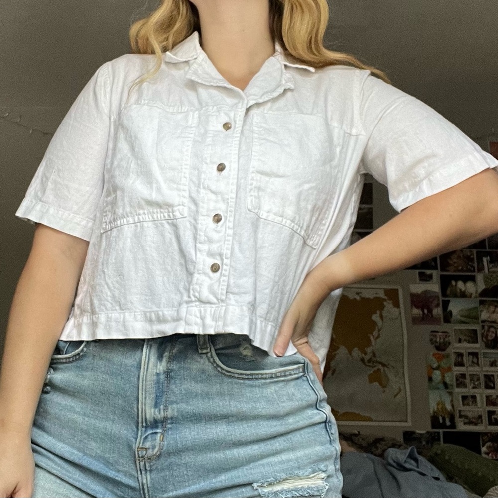 White Boxy Cropped Button Down Blouse